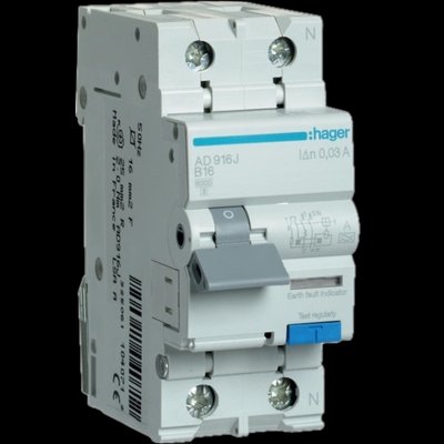 Hager 1P+N 6kA B 16A 30mA A Диференційний автоматичний вимикач 99-00014695 фото
