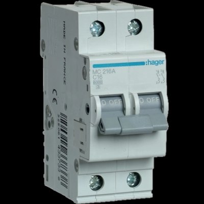 Hager MC216A Автоматичний вимикач 2P 6kA C-16A 2M 99-00015312 фото