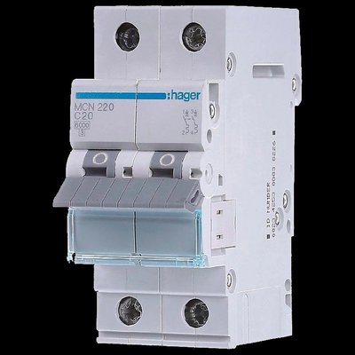 Hager MCN220 Автоматический выключатель 2P 6kA C-20A 2M 99-00016364 фото
