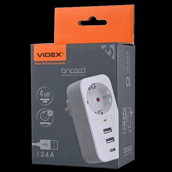 VIDEX ONCORD 1п 2.4A 2USB+USB-C Мережевий адаптер Type-C з заземленням 99-00017541 фото