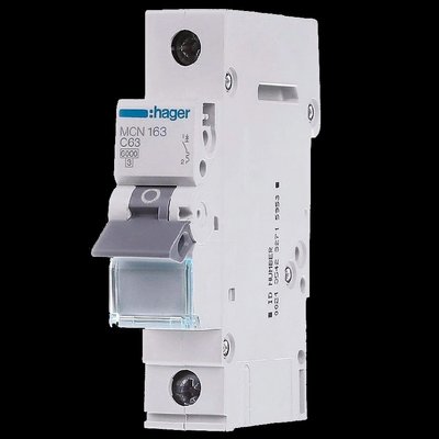 Hager MCN163 Автоматичний вимикач 1P 6kA C-63A 1M 99-00016361 фото